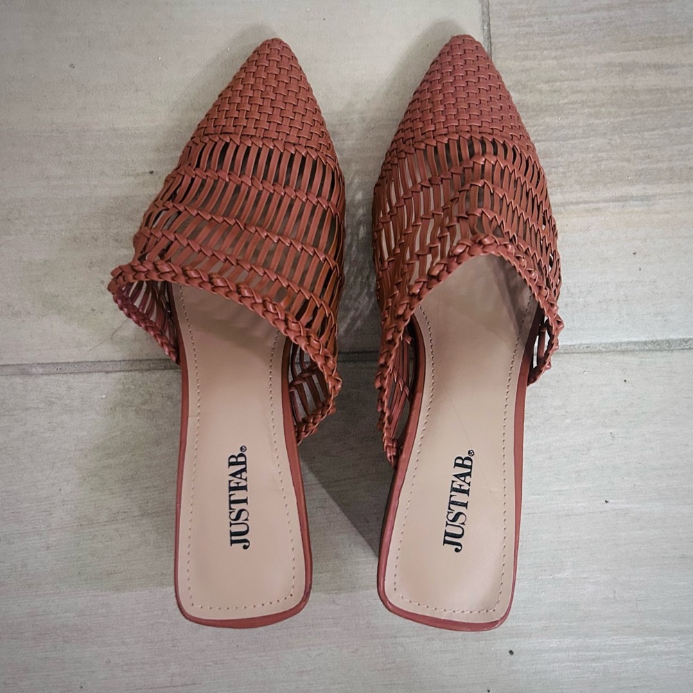 JustFab Tan Mules with Woven Design